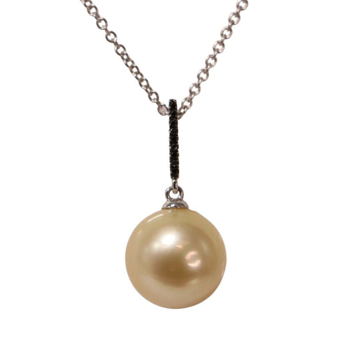 Australian South Sea pearl pendant featuring Round shape, AAA grade pearl 13.5mm in size and gold in color. The pearl is set in 9ct White Gold pendant and Black Diamonds with a total of 0.04ct Chain included is Base metal only