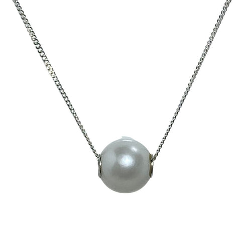 Sterling Silver Chain featuring 9mm white freshwater pearl with sterling silver Cheneer tube through the pearl for the chain to slide  This chain is a Curb style (CD40)  Choose between 40cm or 45cm in length