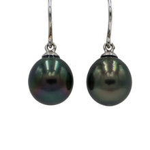 Load image into Gallery viewer, 18ct White Gold shepherd hook style earrings featuring Tahitian South Sea pearls, Oval shape, 11.3mm , natural Dark Green in color, with good lustre and skin
