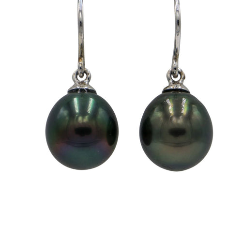 18ct White Gold shepherd hook style earrings featuring Tahitian South Sea pearls, Oval shape, 11.3mm , natural Dark Green in color, with good lustre and skin